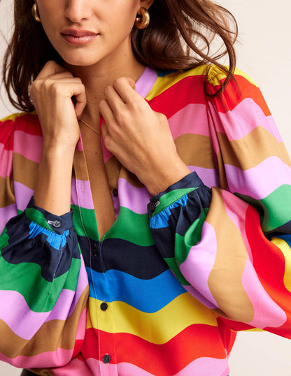 Blouson Sleeve Blouse-Multi, Rainbow Wave