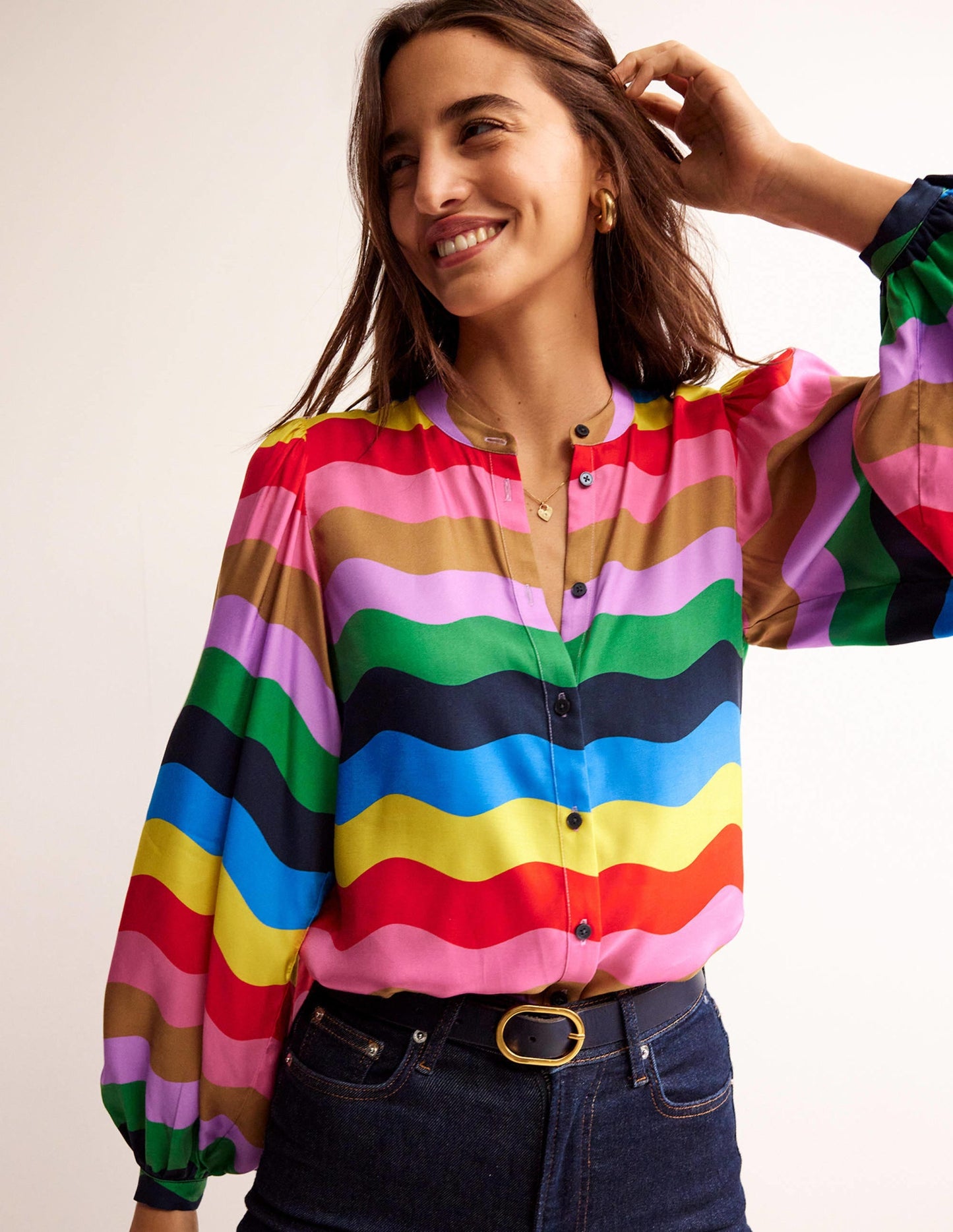 Blouson Sleeve Blouse-Multi, Rainbow Wave