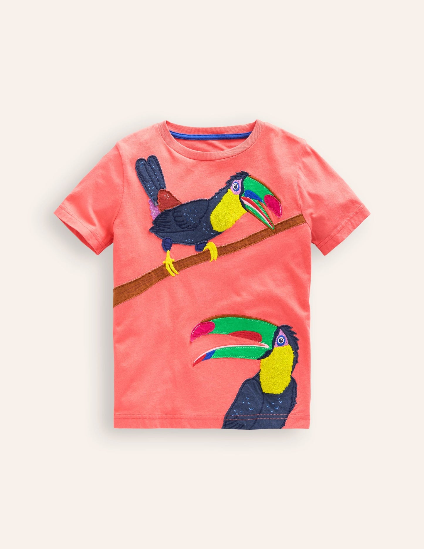 Big Appliqué Animals T-shirt-Coral Pink Toucans