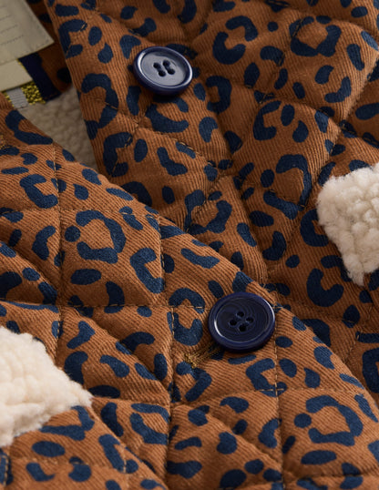 Borg Collared Cord Jacket-Tan Leopard Print