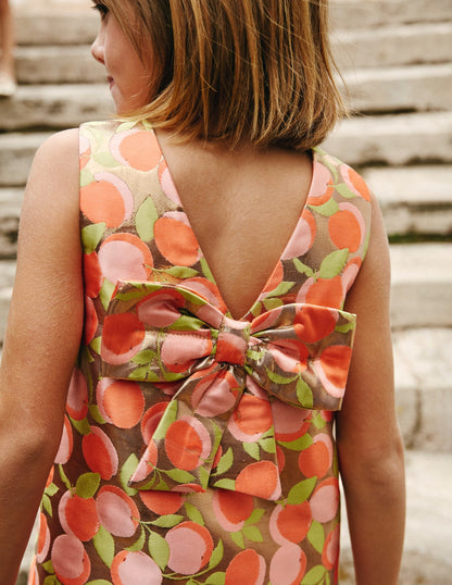 Bow Back Metallic Dress-Gold Peach Jacquard