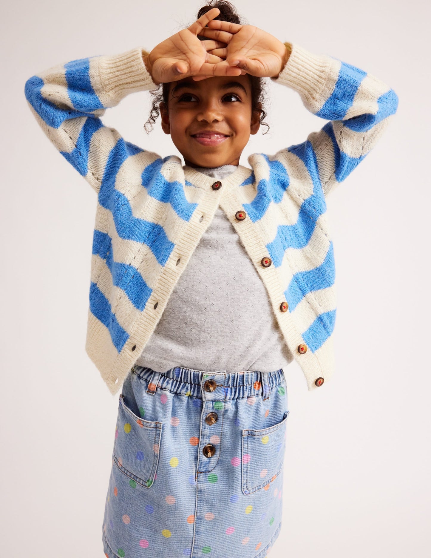 Blouson Wave Cardigan-Blue, Ivory Stripe