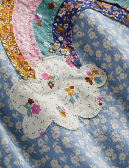 Blouson Sleeve Logo Top-Vintage Blue Ditsy Rainbow