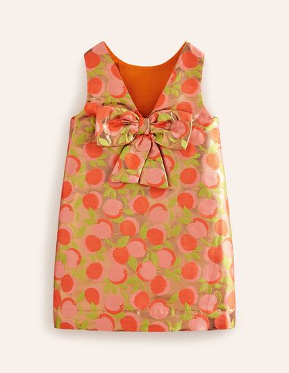 Bow Back Metallic Dress-Gold Peach Jacquard
