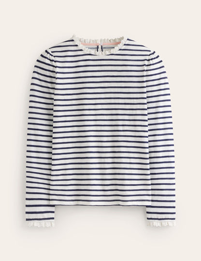 Broderie Trim Stripe Top-Ivory, Navy Stripe