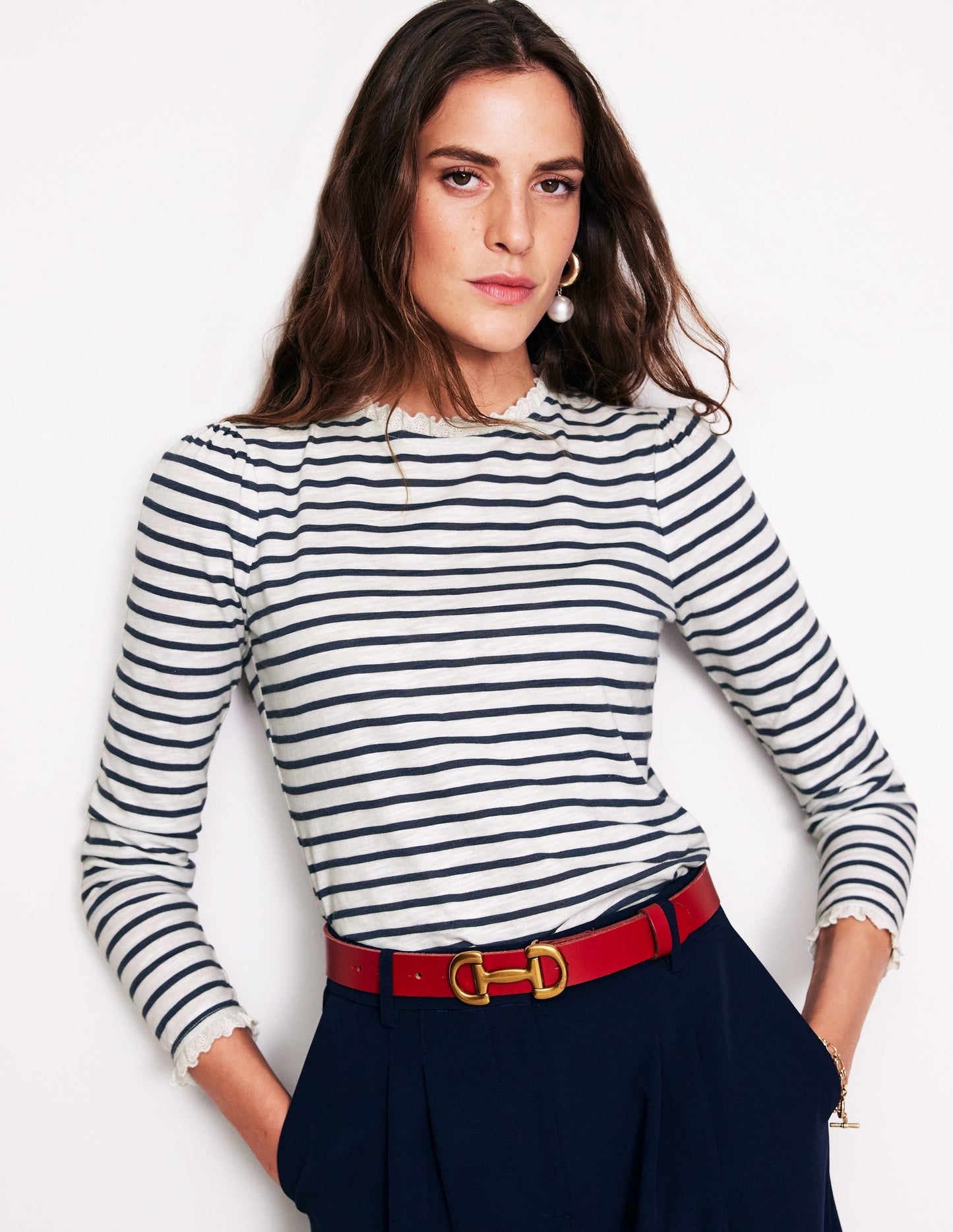 Broderie Trim Stripe Top-Ivory, Navy Stripe