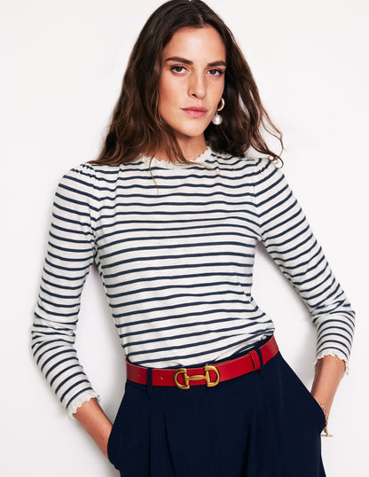 Broderie Trim Stripe Top-Ivory, Navy Stripe