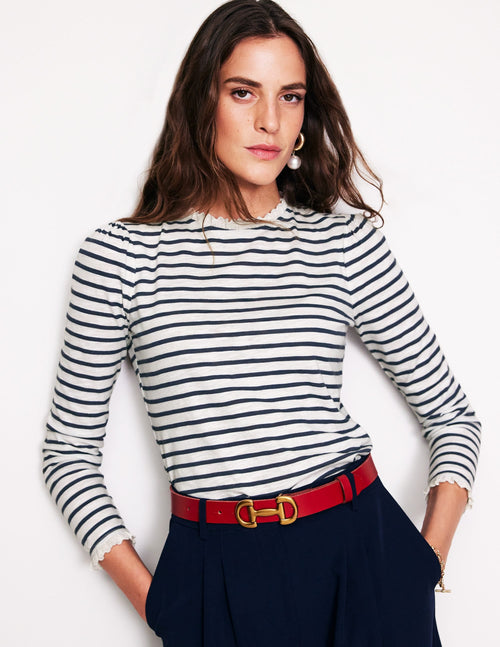 Broderie Trim Stripe Top-Ivory, Navy Stripe