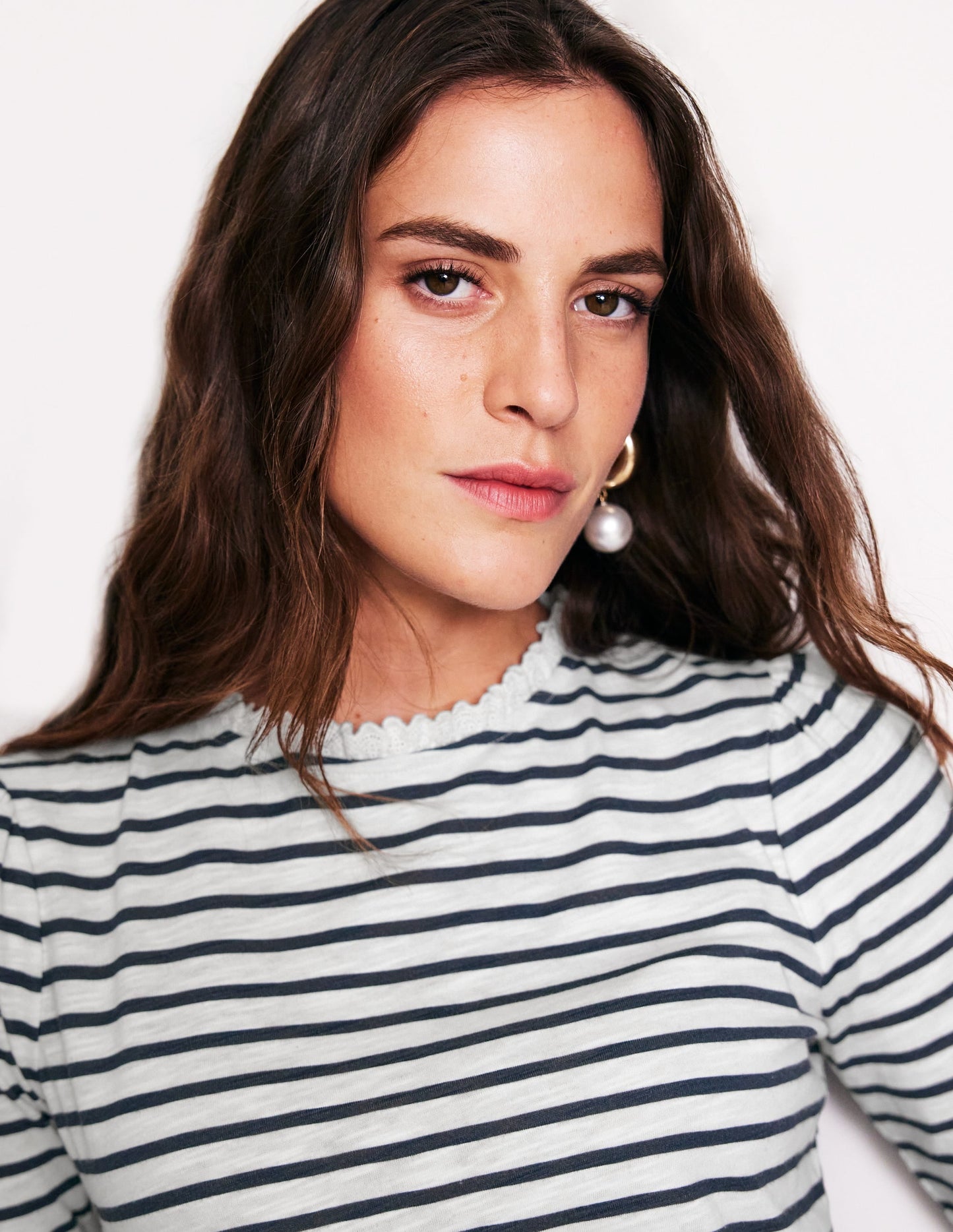 Broderie Trim Stripe Top-Ivory, Navy Stripe