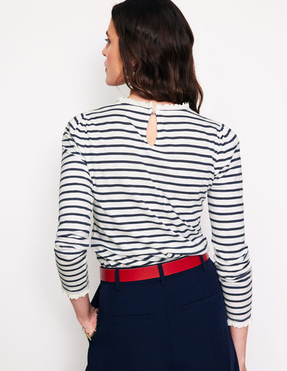 Broderie Trim Stripe Top-Ivory, Navy Stripe