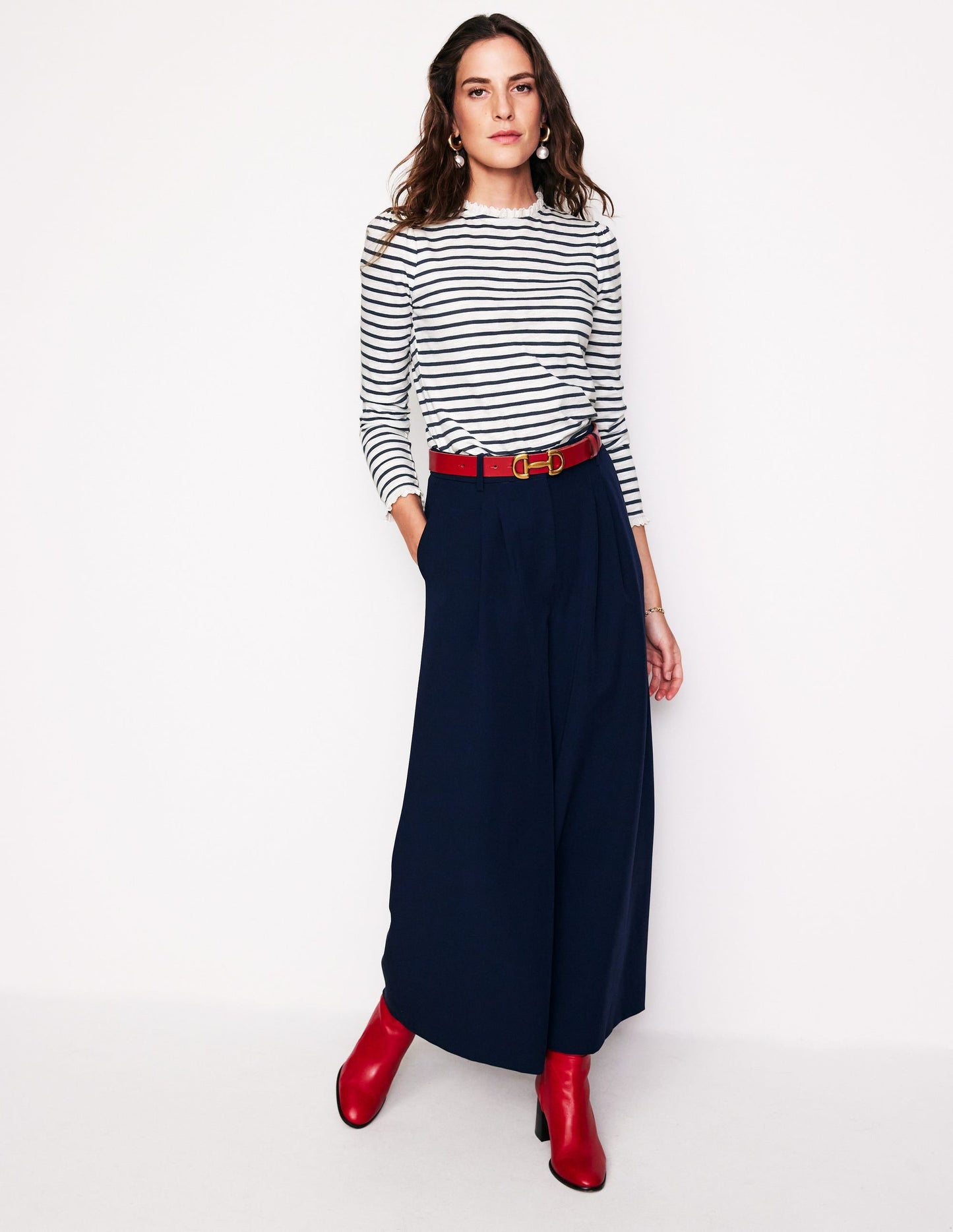 Broderie Trim Stripe Top-Ivory, Navy Stripe