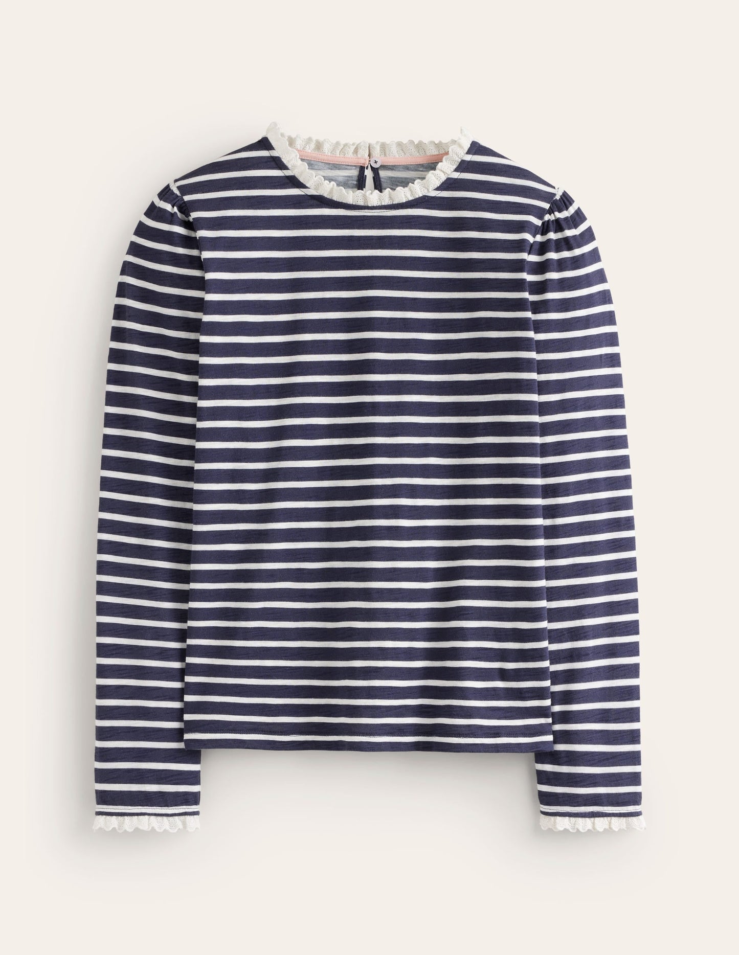 Broderie Trim Stripe Top-Navy, Ivory Stripe