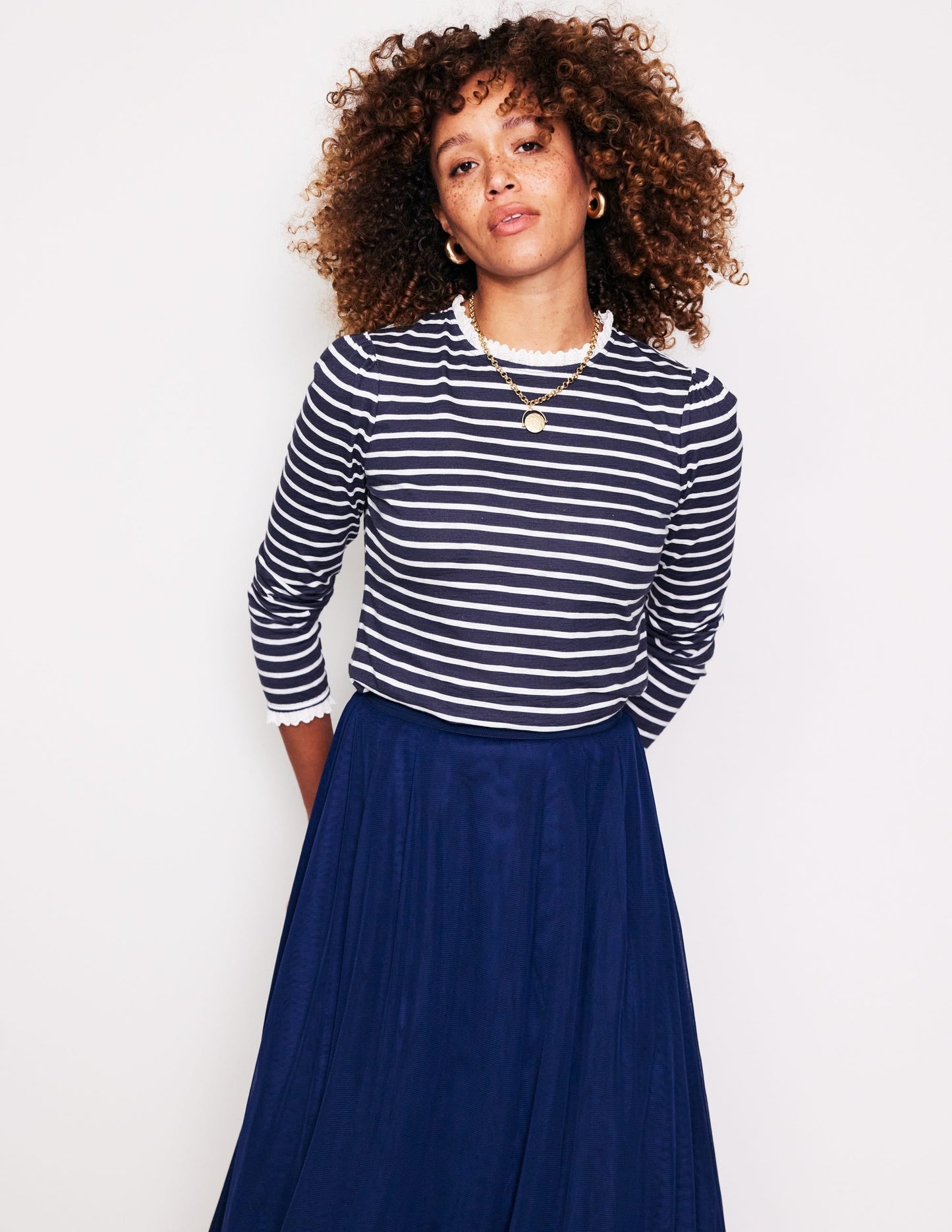 Broderie Trim Stripe Top-Navy, Ivory Stripe