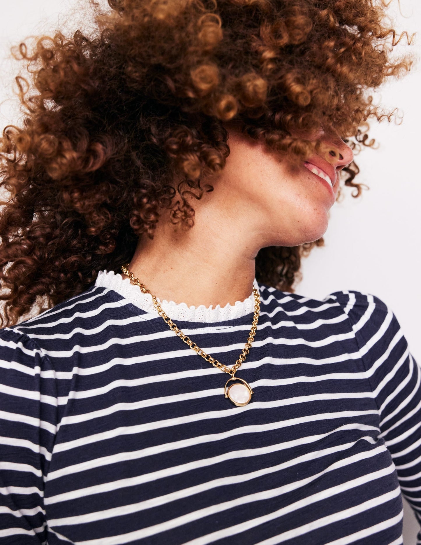 Broderie Trim Stripe Top-Navy, Ivory Stripe