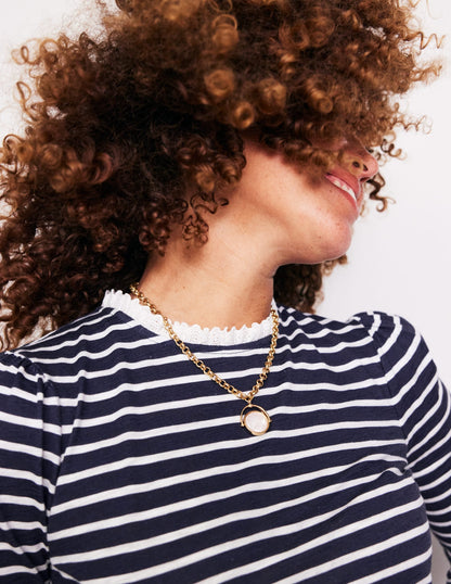 Broderie Trim Stripe Top-Navy, Ivory Stripe
