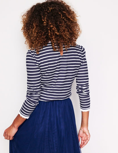 Broderie Trim Stripe Top-Navy, Ivory Stripe