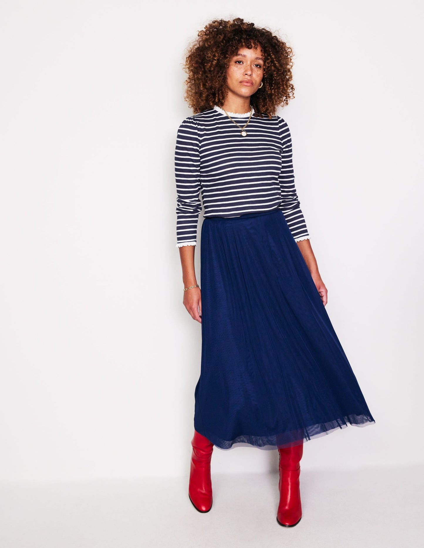 Broderie Trim Stripe Top-Navy, Ivory Stripe