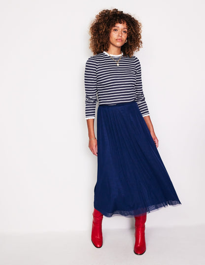 Broderie Trim Stripe Top-Navy, Ivory Stripe