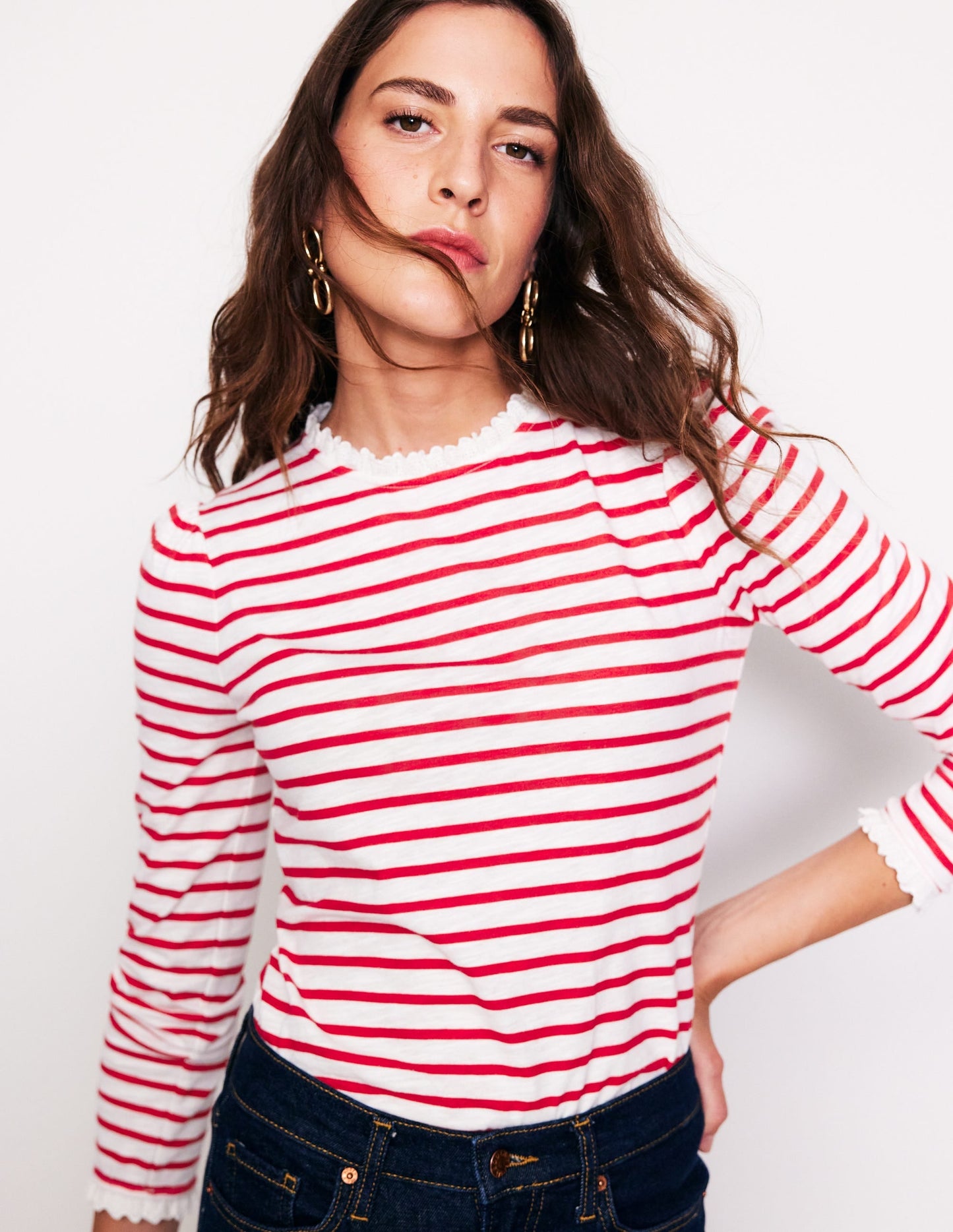 Broderie Trim Stripe Top-Red, Ivory Stripe