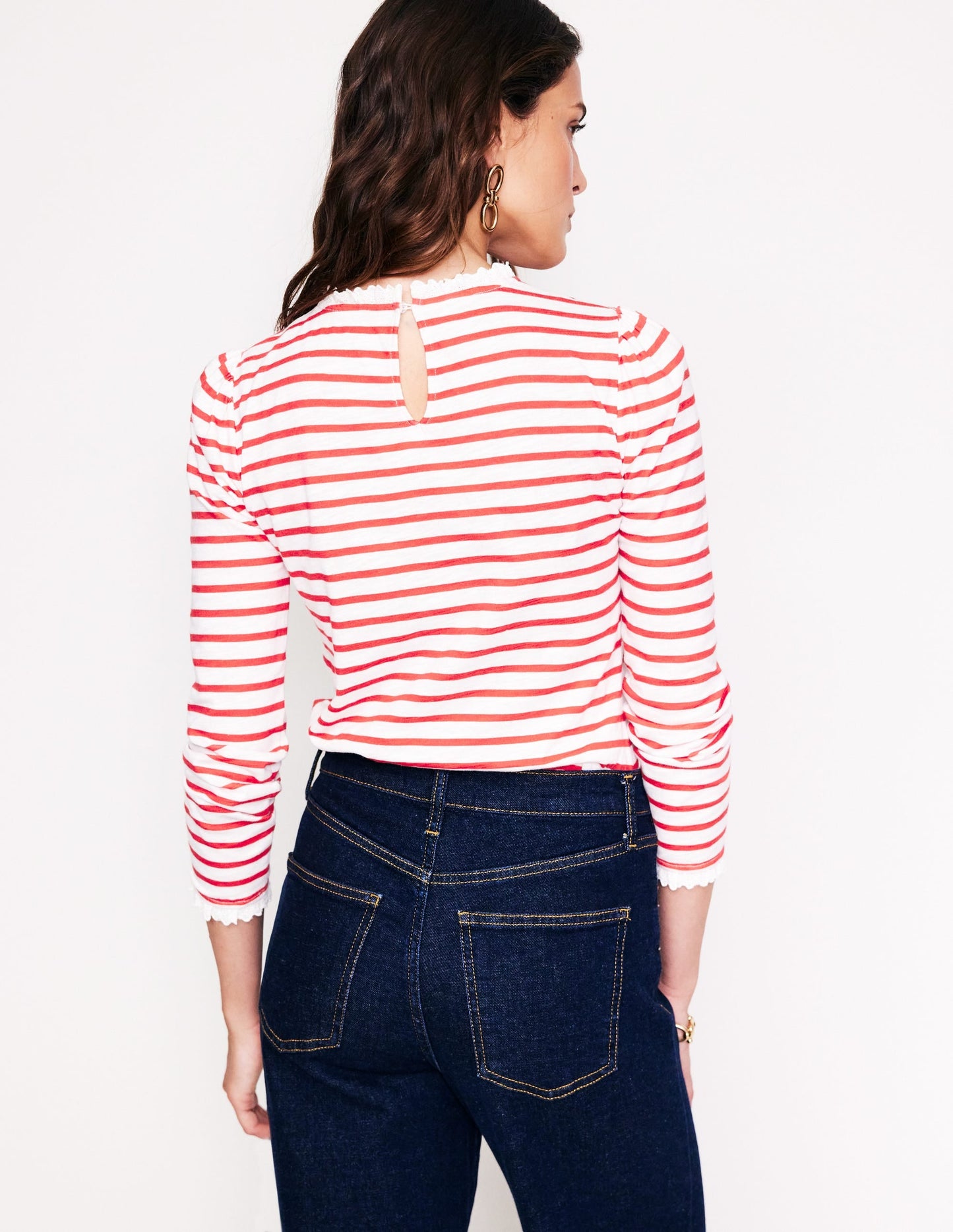 Broderie Trim Stripe Top-Red, Ivory Stripe