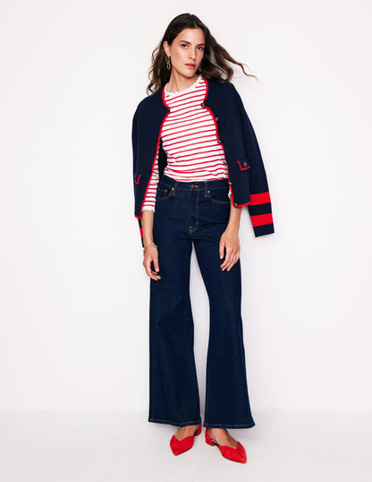 Broderie Trim Stripe Top-Red, Ivory Stripe