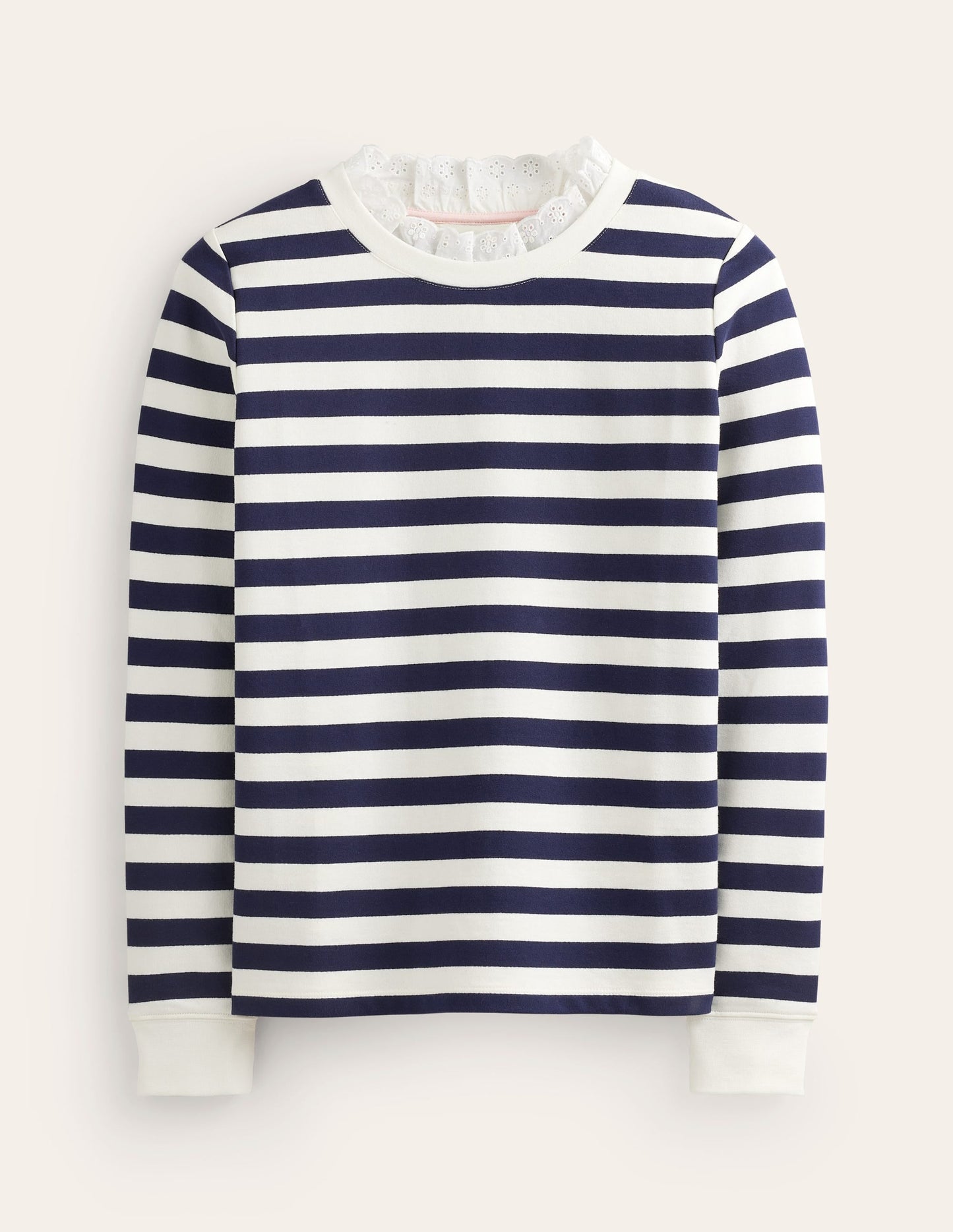Broderie Trim Sweatshirt-Oatmeal, Navy Stripe