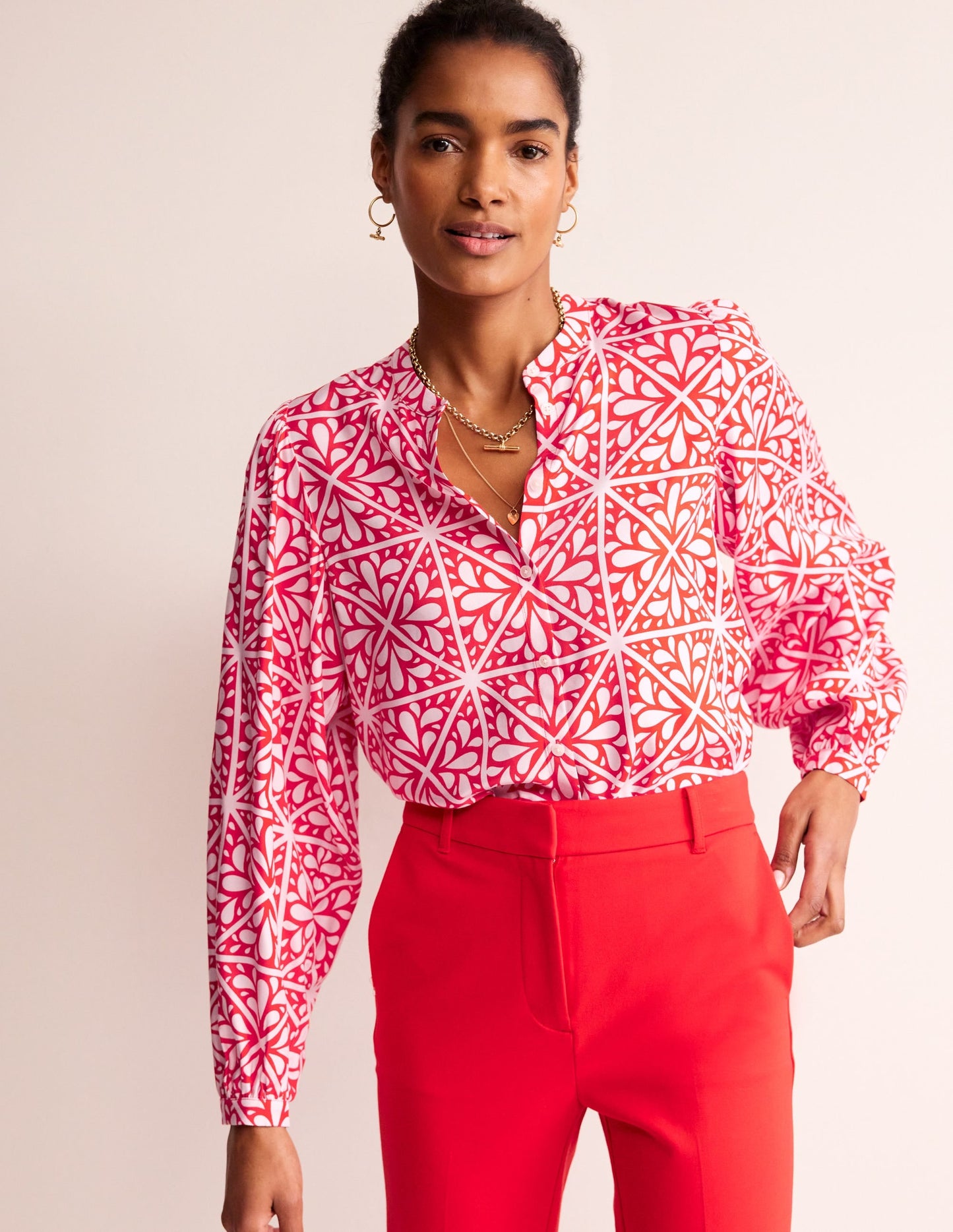 Blouson Sleeve Blouse-Flame Scarlet, Floral Mosaic