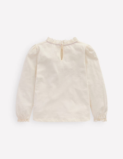 Broderie Trim Jersey Top-Soft Ivory