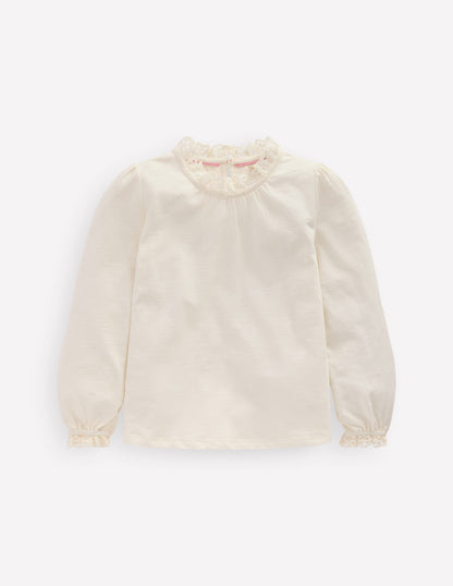 Broderie Trim Jersey Top-Soft Ivory