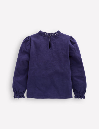 Broderie Trim Jersey Top-Starboard Blue