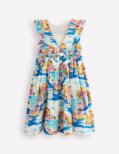 Bow Back Midi Dress-Multi Coastal Scene