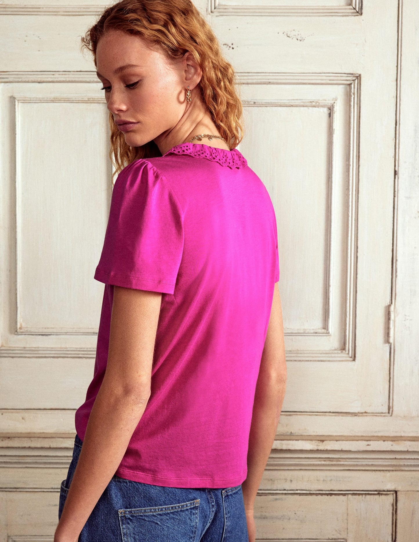 Broderie V-Neck Top-Cosmos Pink