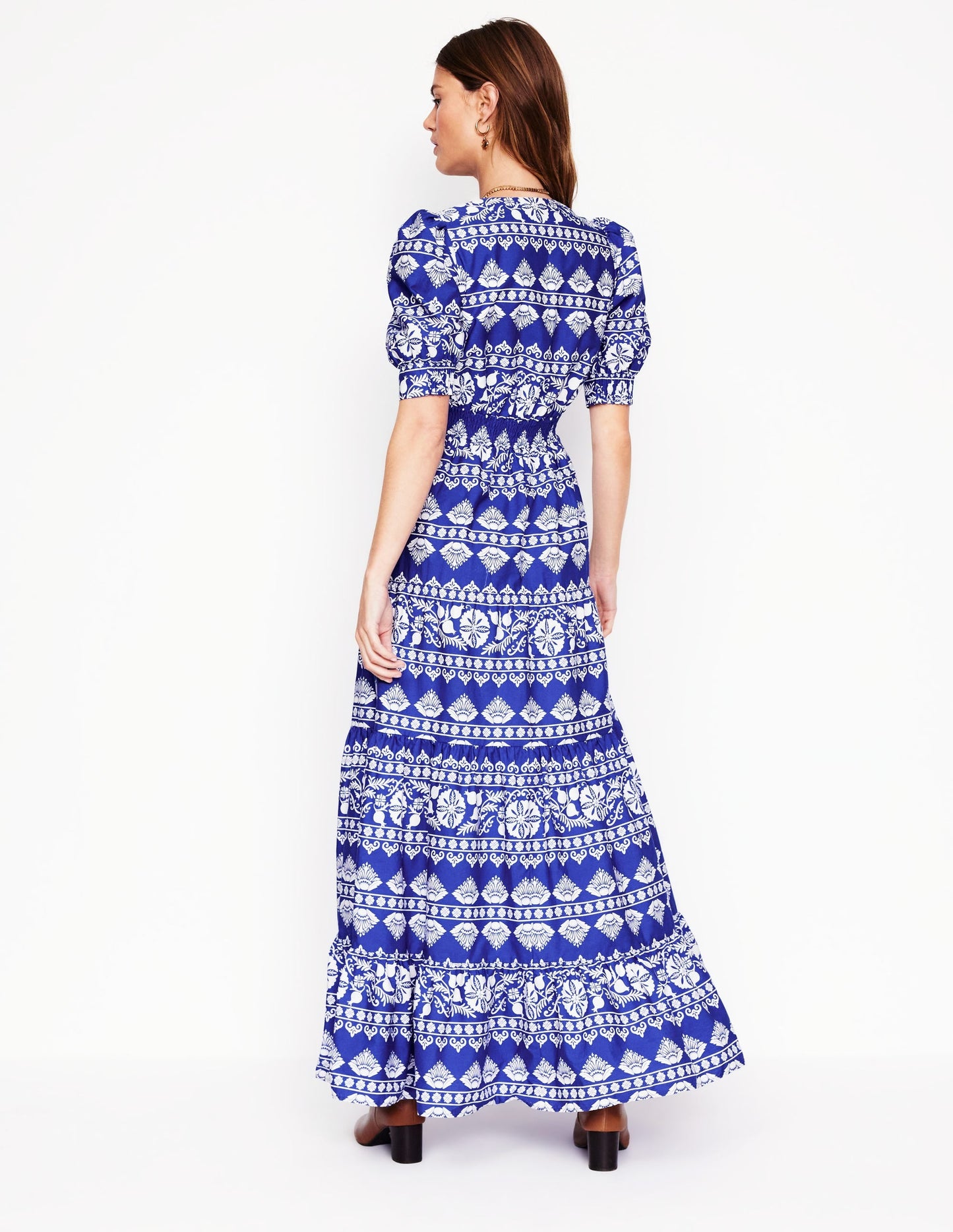 Bella Puff Sleeve Maxi Dress-Bright Blue, Ornate Border