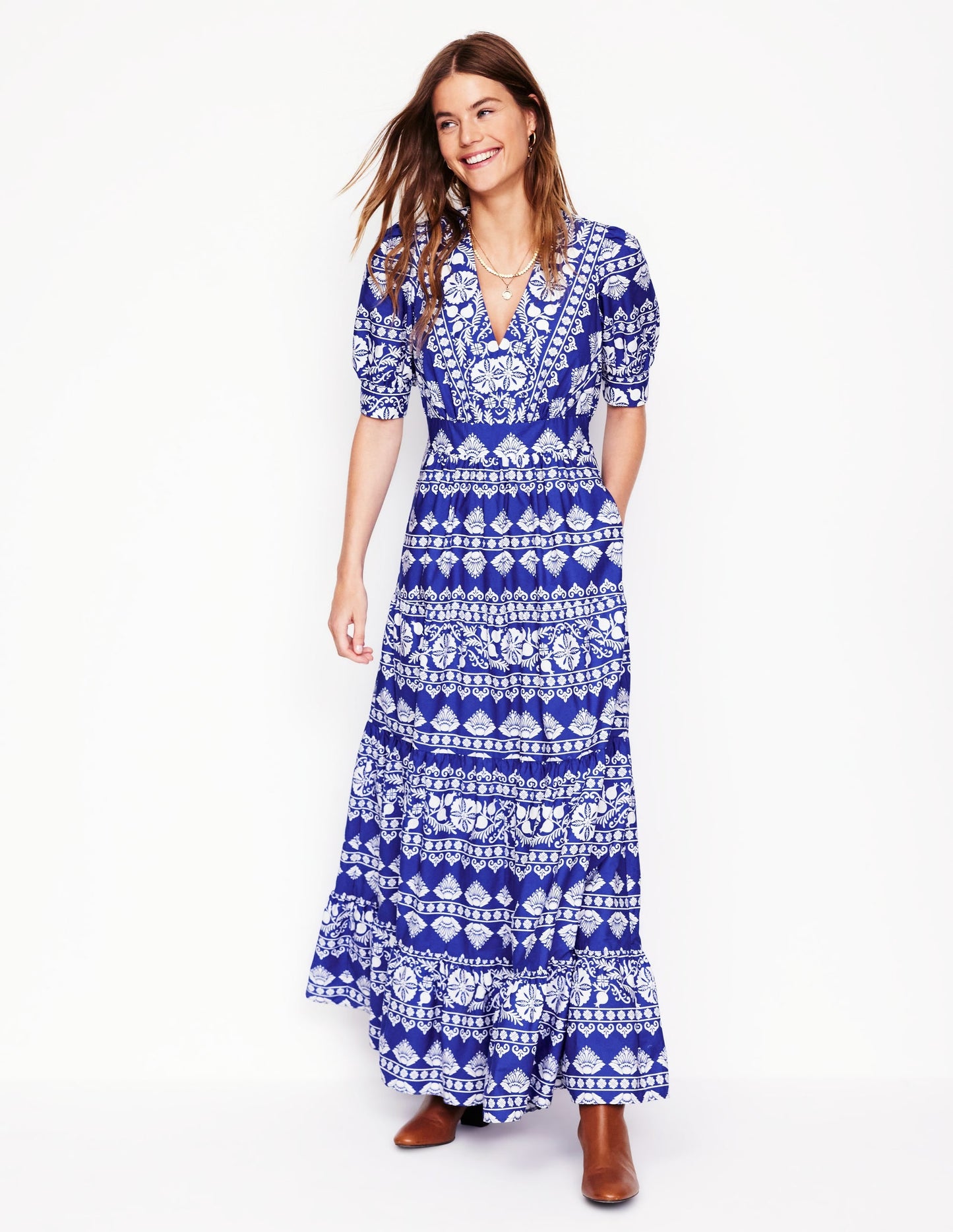 Bella Puff Sleeve Maxi Dress-Bright Blue, Ornate Border