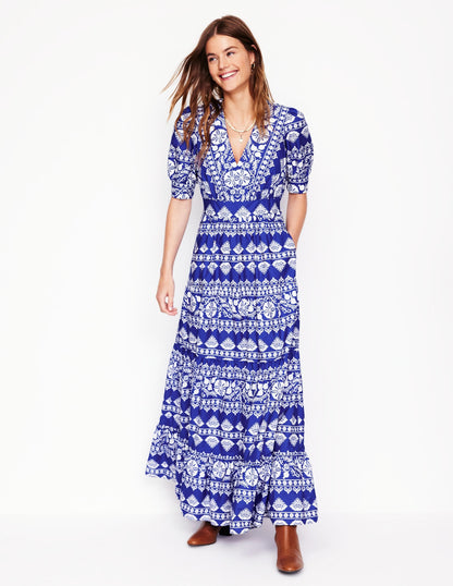 Bella Puff Sleeve Maxi Dress-Bright Blue, Ornate Border
