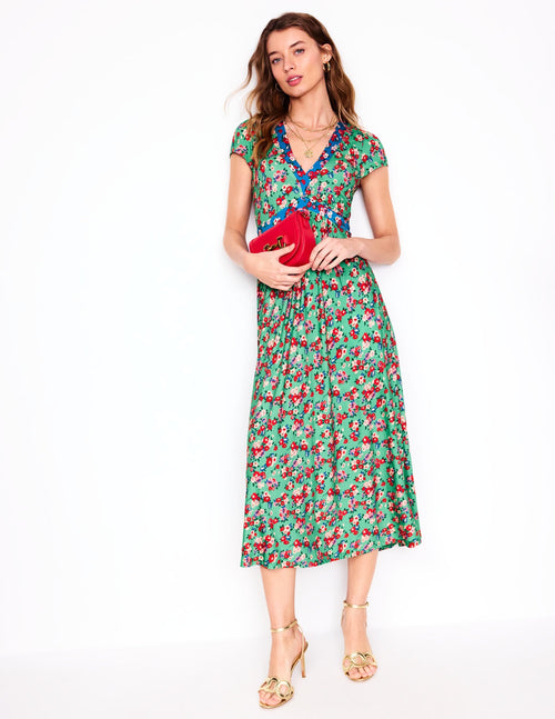 Bias Cut Jersey Midi Dress-Jade, Painterly Posy