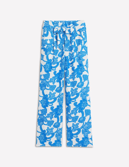 Belted Linen Pants-Cerulean Blue, Paisley Whirl