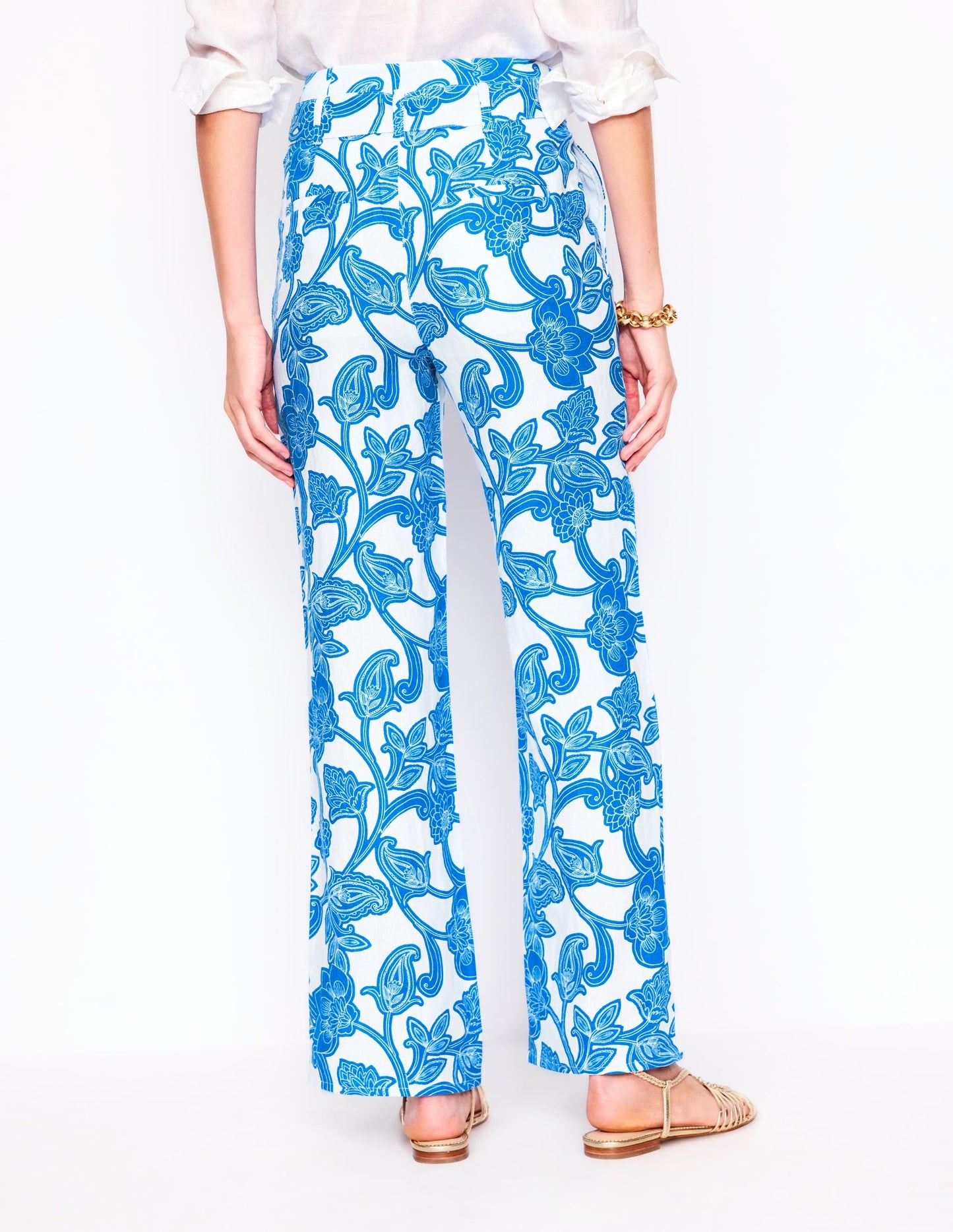 Belted Linen Pants-Cerulean Blue, Paisley Whirl