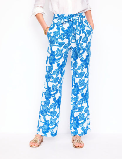Belted Linen Pants-Cerulean Blue, Paisley Whirl
