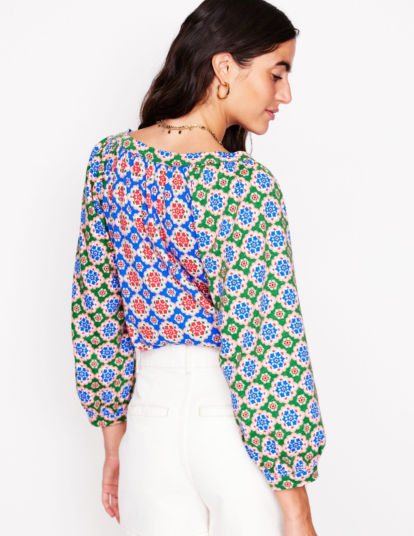 Blouson Sleeve Raglan Top-Bloom Geo