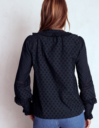 Broderie Ruffle Top-Navy