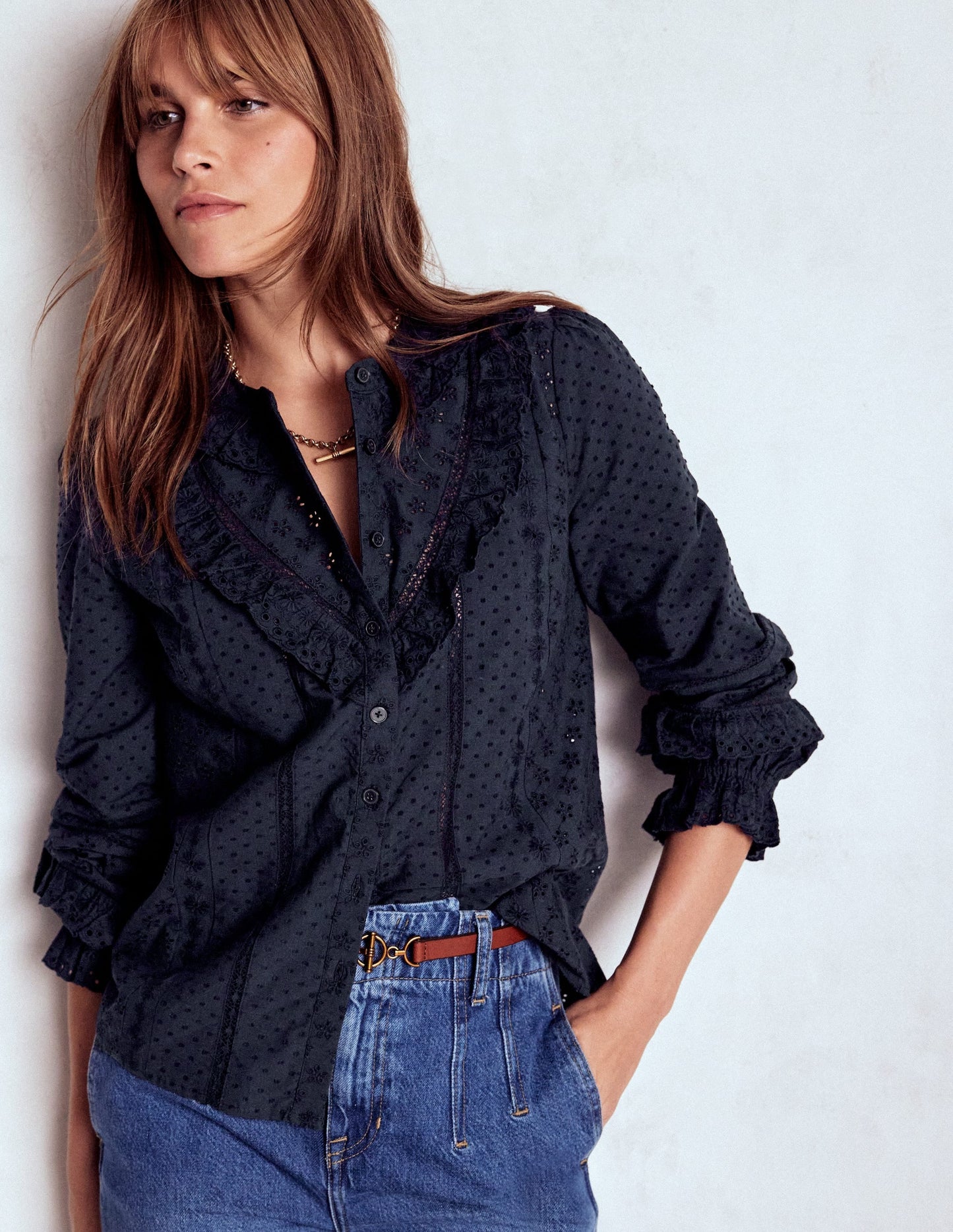 Broderie Ruffle Top-Navy