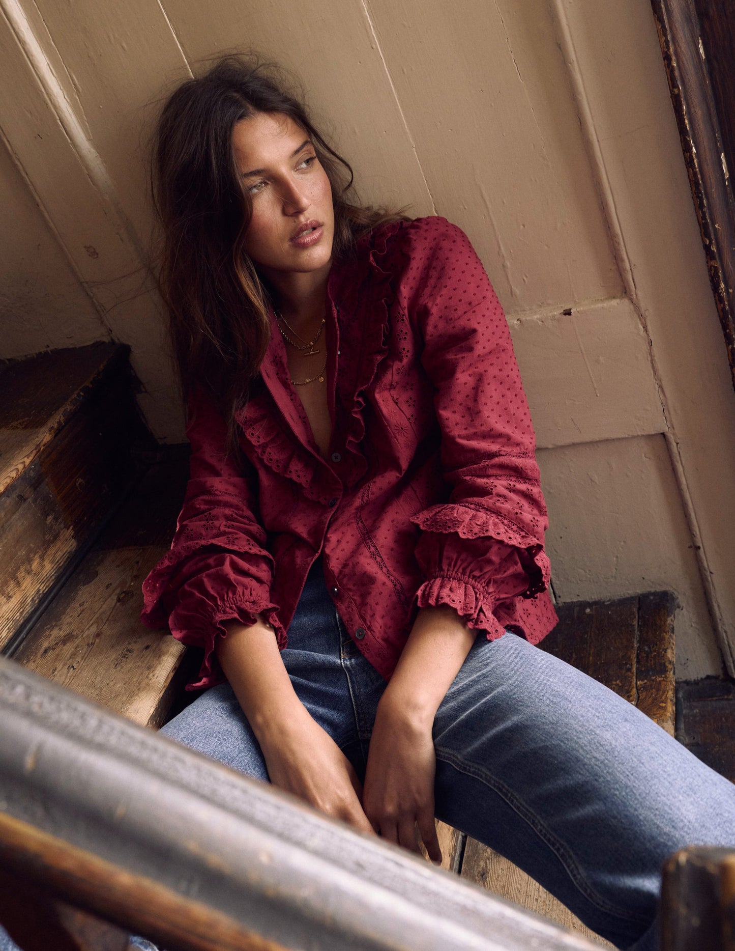 Broderie Ruffle Top-Ruby Red