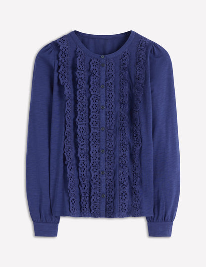 Broderie Ruffle Jersey Shirt-Starboard Blue