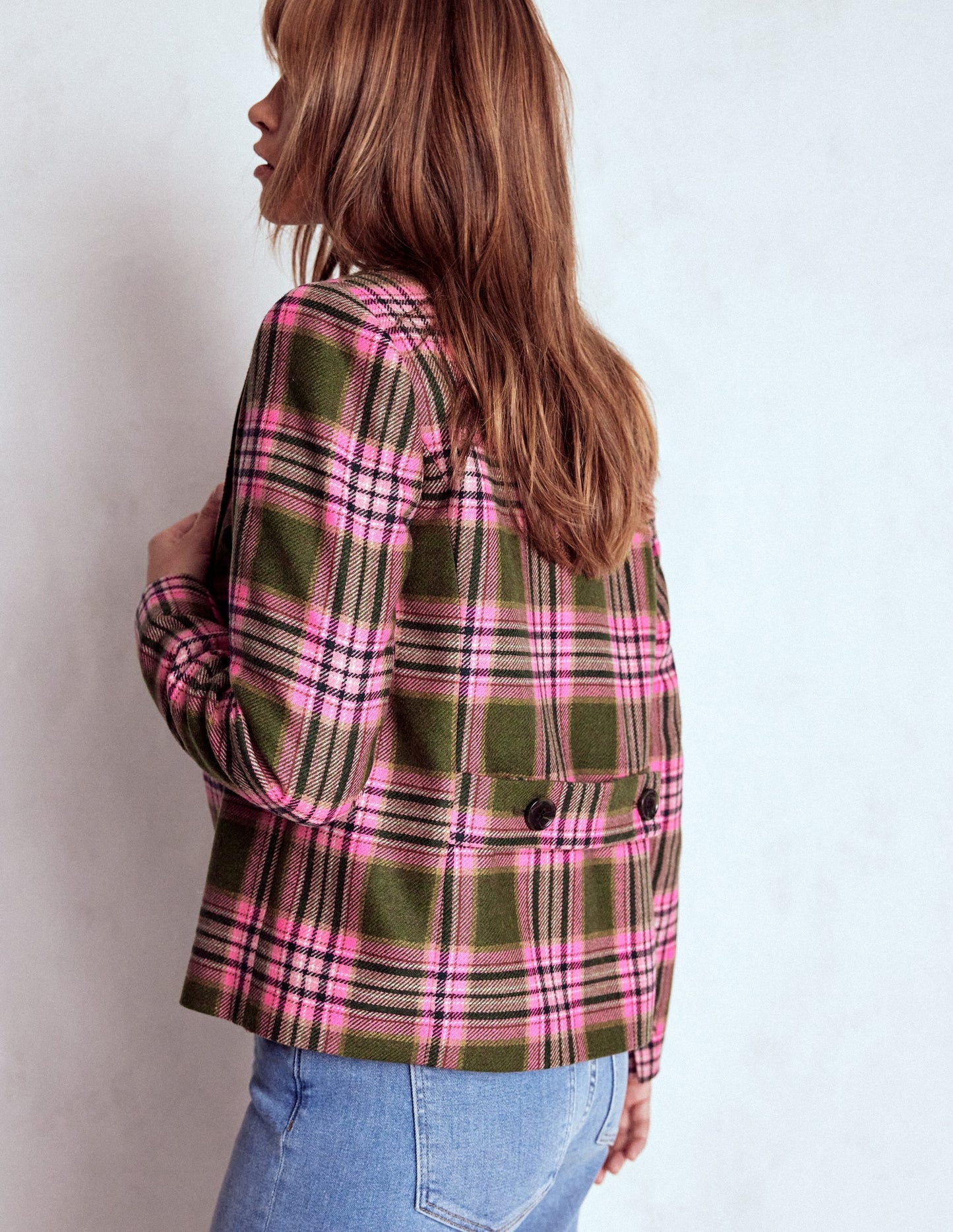 Boxy Double Breasted Blazer-Olive Green and Pink Check