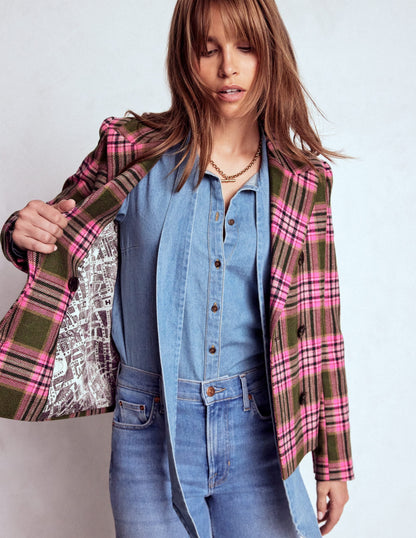 Boxy Double Breasted Blazer-Olive Green and Pink Check