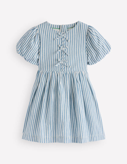 Bow Front Woven Dress-Blue Stripe