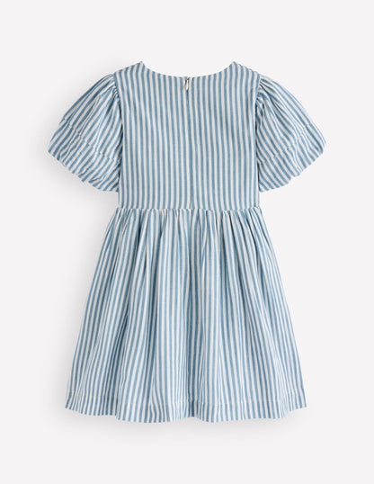 Bow Front Woven Dress-Blue Stripe