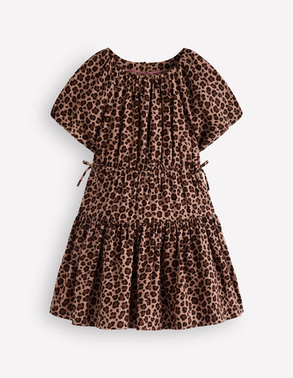 Bow Waist Woven Dress-Leopard Print