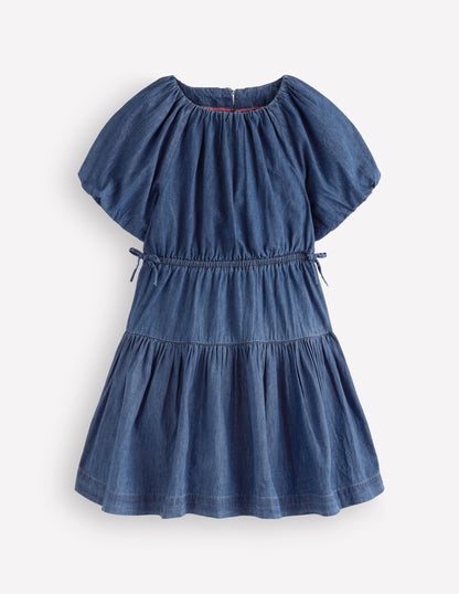 Bow Waist Woven Dress-Mid Vintage Denim